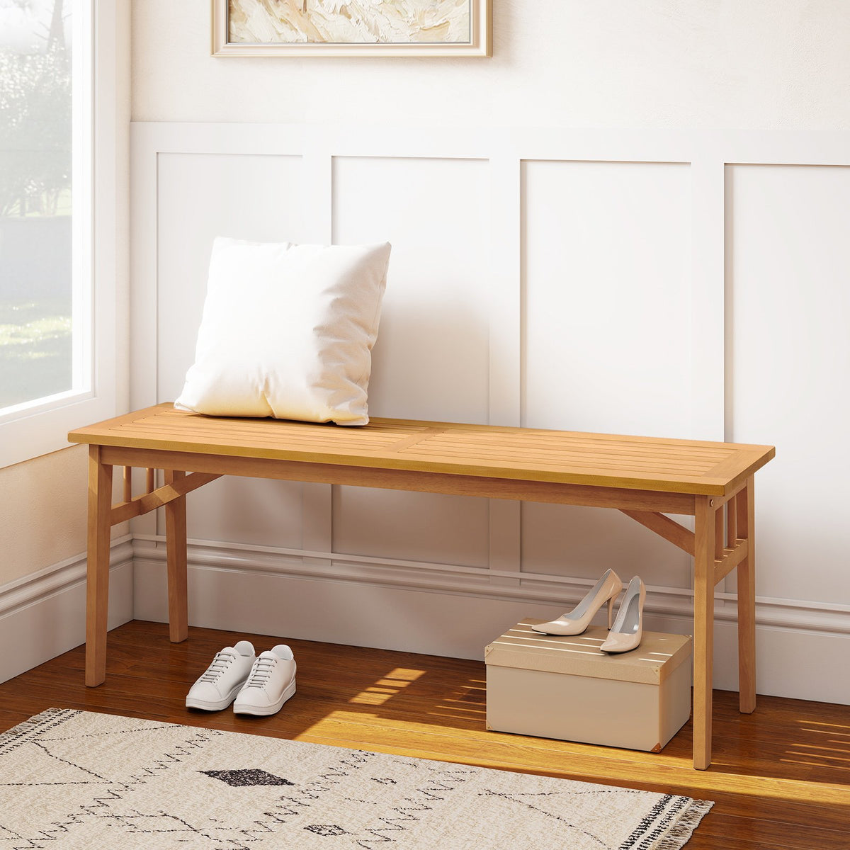 48 Inches Acacia Wood Bench with Breathable Slat Seat and Stable Triangular Structure-2 view 3