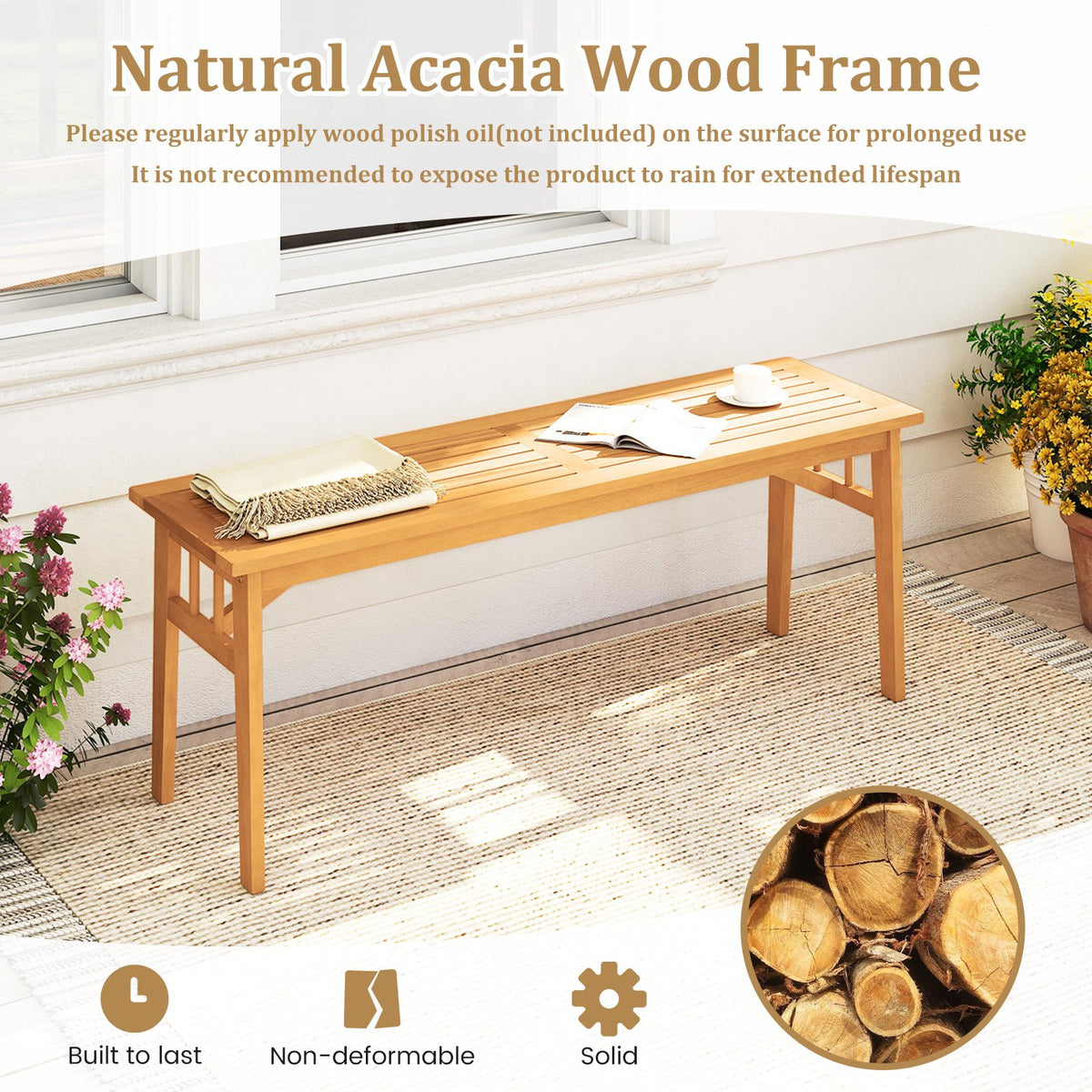 48 Inches Acacia Wood Bench with Breathable Slat Seat and Stable Triangular Structure-2 view 7