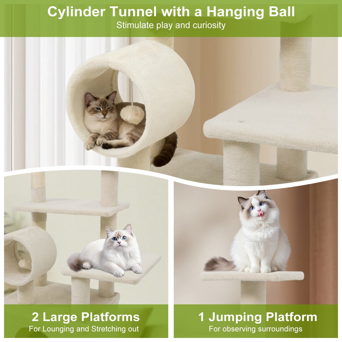 48 Inches Tall Cat Tree Multi-Level Kitten Tower with Large Condo Padded Top Perch-Beige view 9