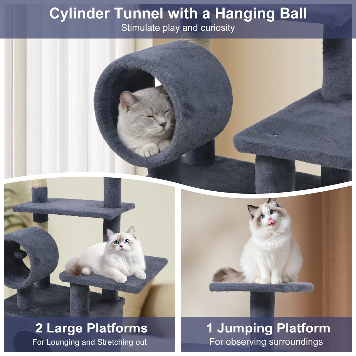 48 Inches Tall Cat Tree Multi-Level Kitten Tower with Large Condo Padded Top Perch-Grey view 9