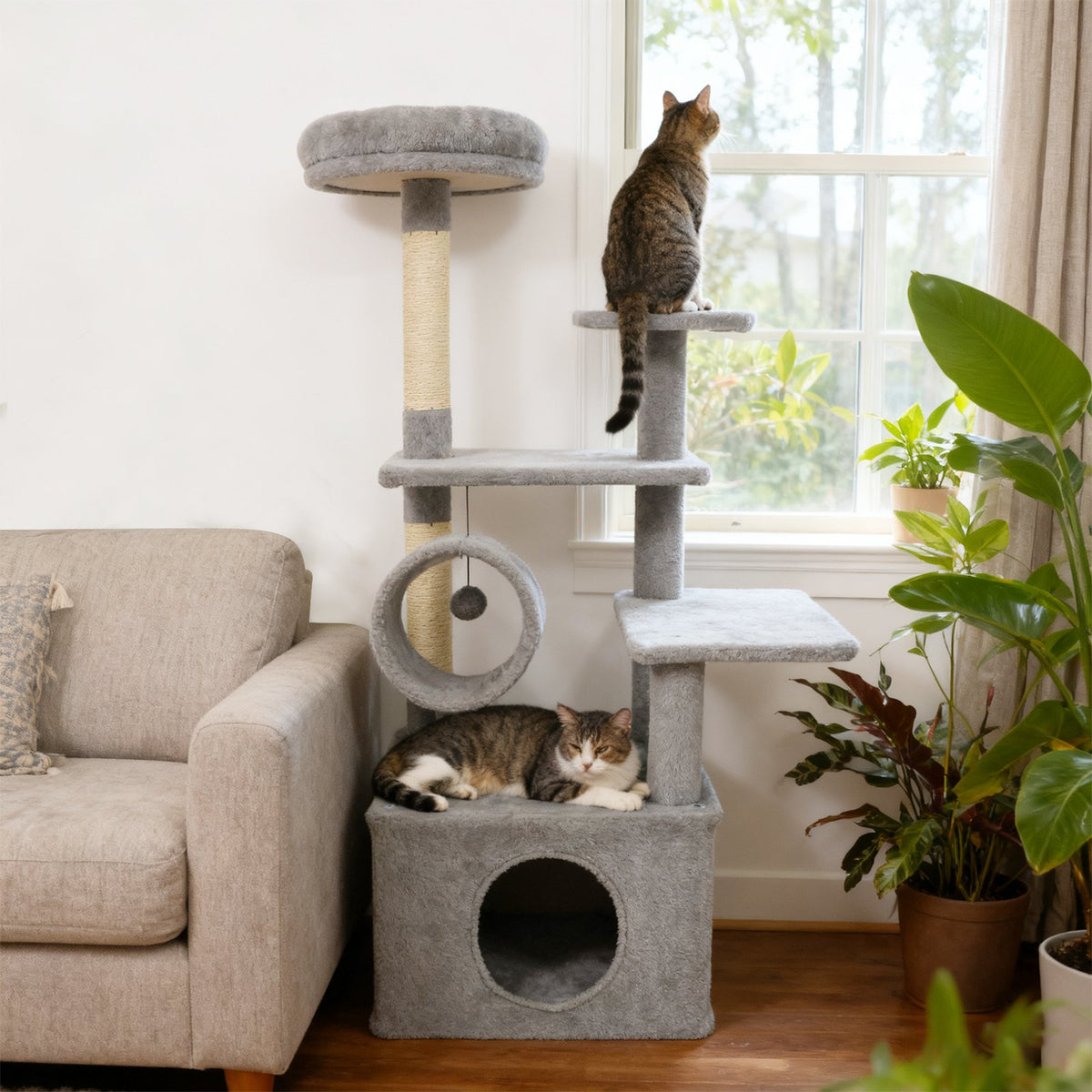 48 Inches Tall Cat Tree Multi-Level Kitten Tower with Large Condo Padded Top Perch-Light Gray view 3