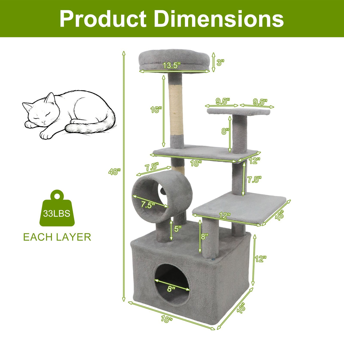 48 Inches Tall Cat Tree Multi-Level Kitten Tower with Large Condo Padded Top Perch-Light Gray view 5