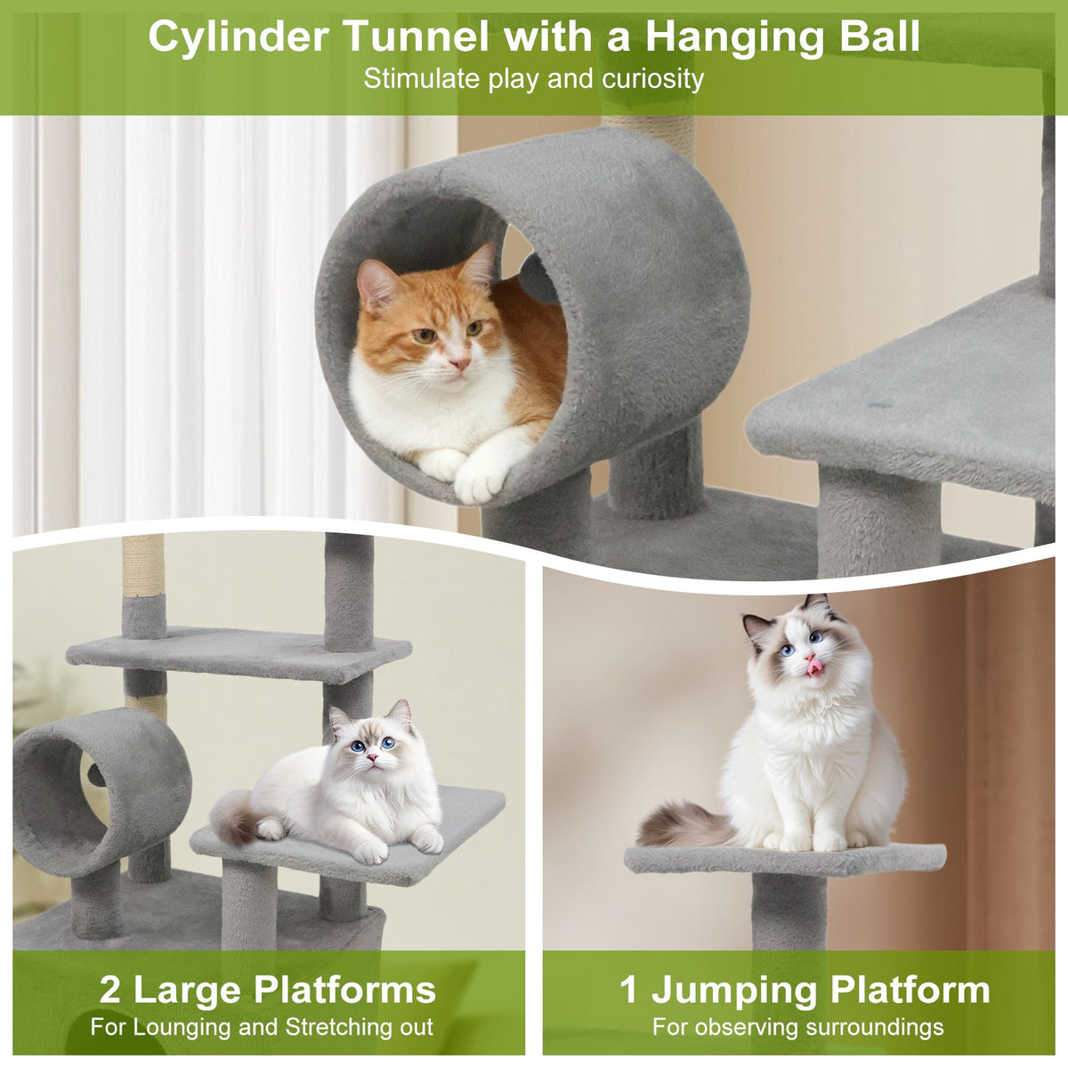 48 Inches Tall Cat Tree Multi-Level Kitten Tower with Large Condo Padded Top Perch-Light Gray view 9