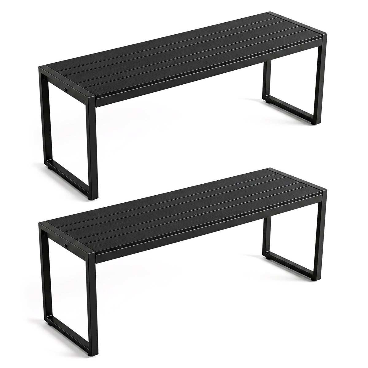 48 inches Outdoor Bench Set of 2 with Wood-Plastic Composite and Metal Frame Slatted Sea-Black