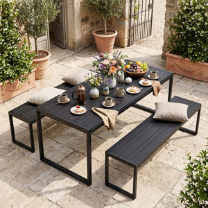 48 inches Outdoor Bench Set of 2 with Wood-Plastic Composite and Metal Frame Slatted Sea-Black view 2