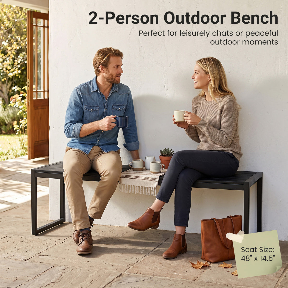 48 inches Outdoor Bench Set of 2 with Wood-Plastic Composite and Metal Frame Slatted Sea-Black view 6