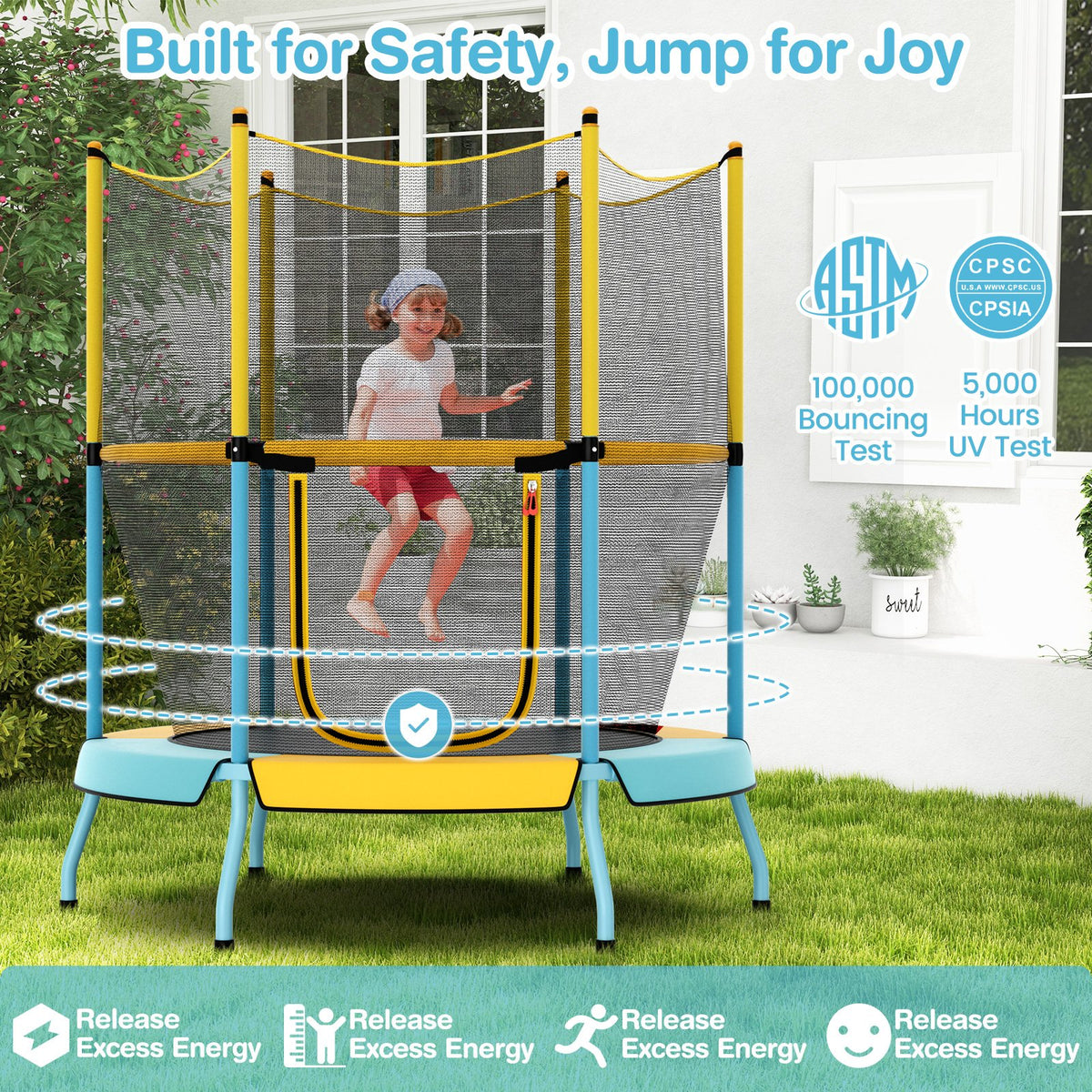 48 Inch Toddler Trampoline with Safety Enclosure Net-Yellow view 3