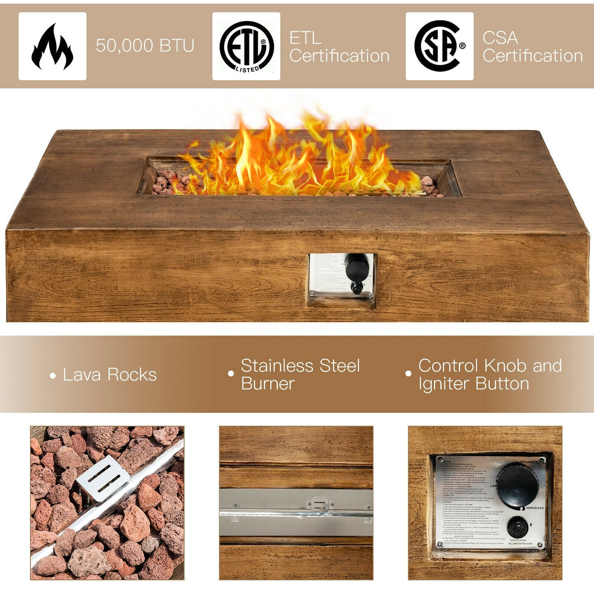 48 x 27Inch Outdoor Gas Fire Pit Table 50 000 BTU with Lava Rocks and Cover view 7
