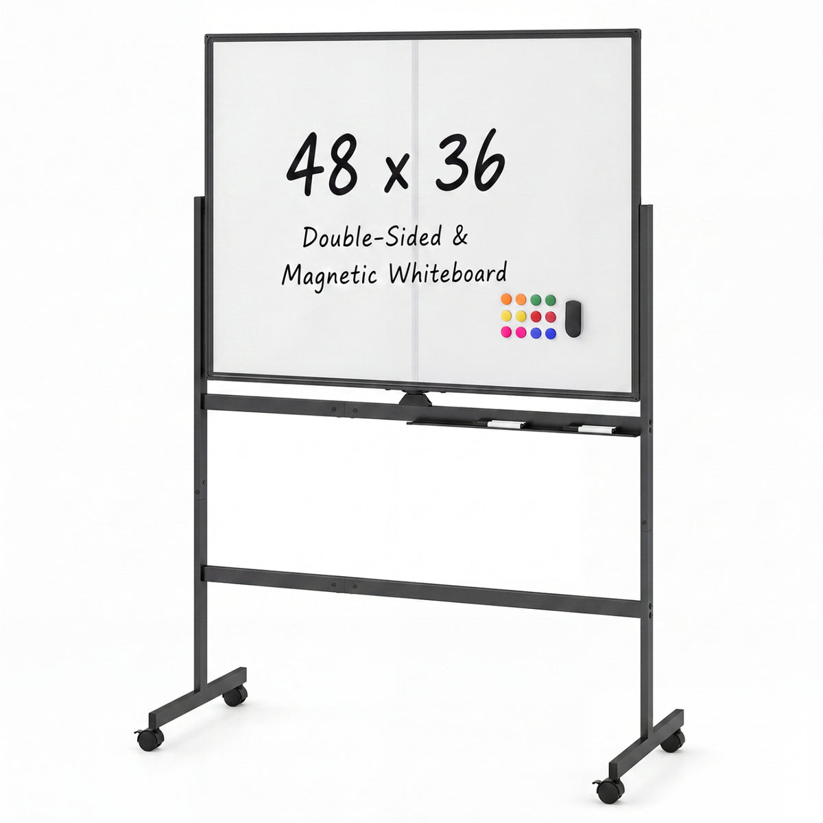 48 inches x 36 inches Double-Sided Mobile White Board with Lockable Universal Wheels for Office-Black