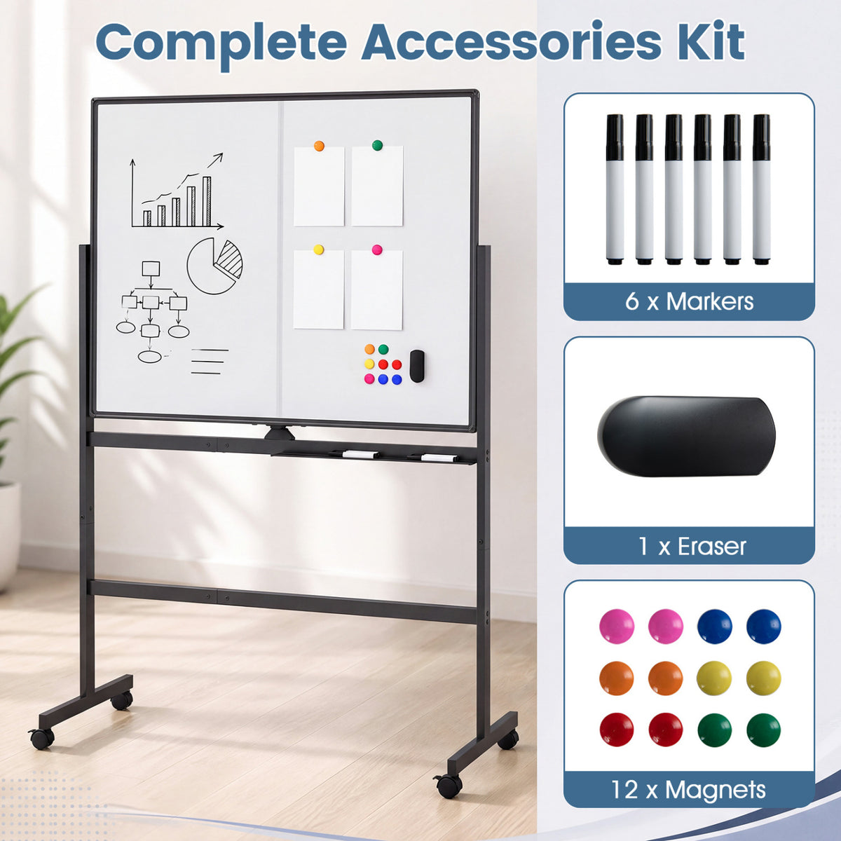 48 inches x 36 inches Double-Sided Mobile White Board with Lockable Universal Wheels for Office-Black view 7
