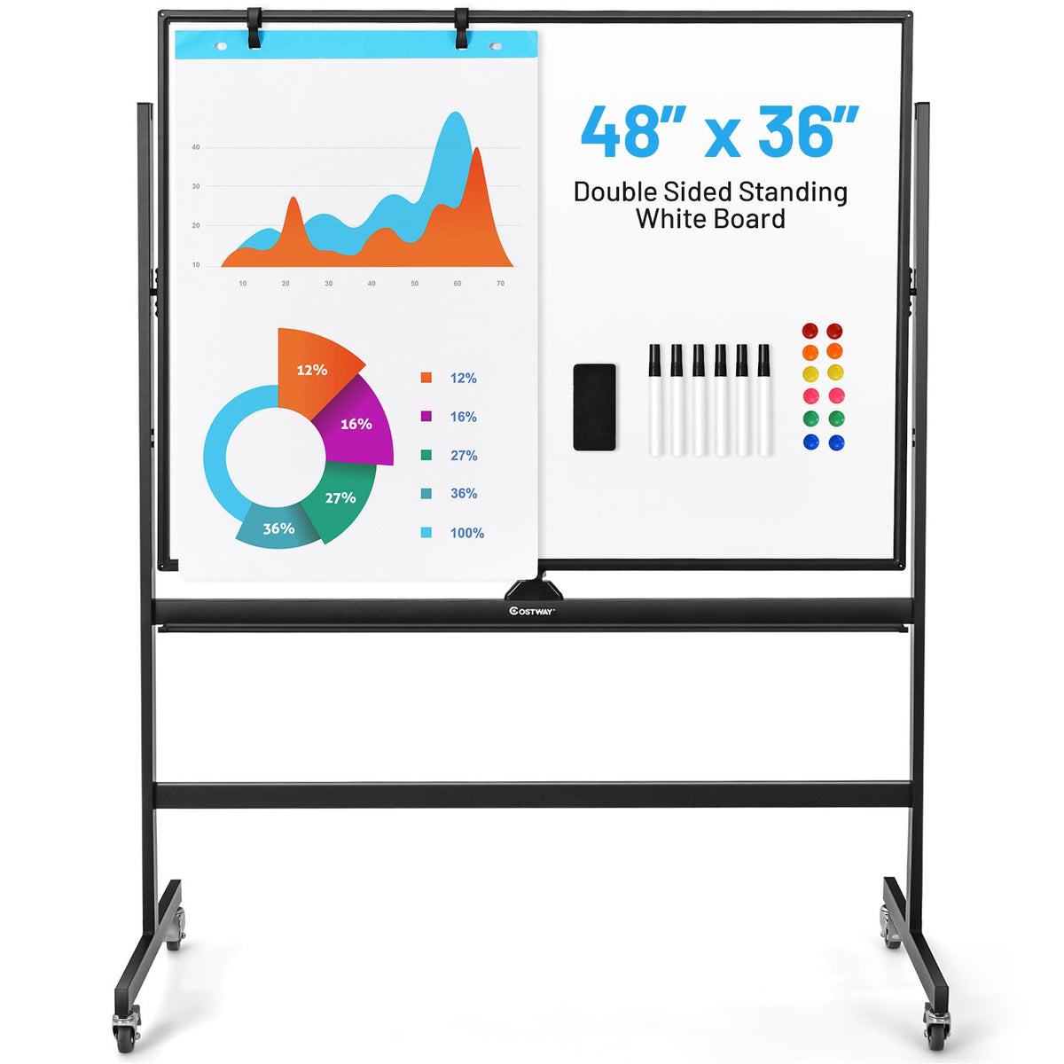 48 x 36 Inch Mobile Magnetic Double-Sided Reversible Whiteboard Height Adjust view 4