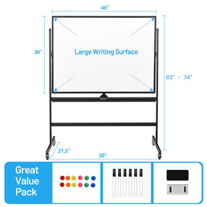 48 x 36 Inch Mobile Magnetic Double-Sided Reversible Whiteboard Height Adjust view 5