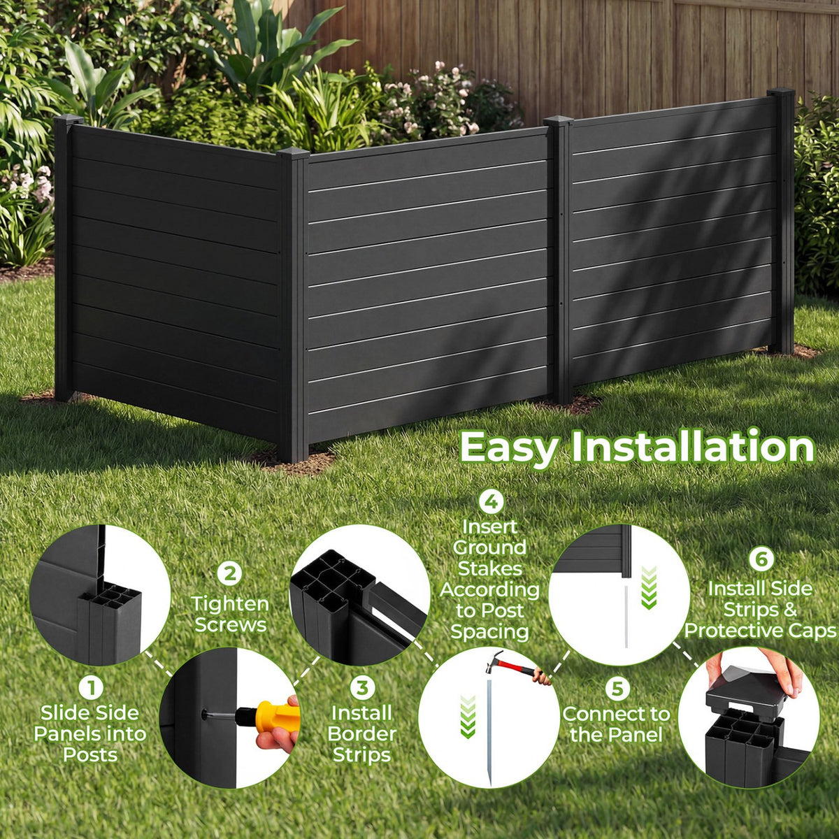 48 x 38 Inch Air Conditioner Fence 3 Panels with Metal Ground Stakes for Patio Backyard-Black view 9
