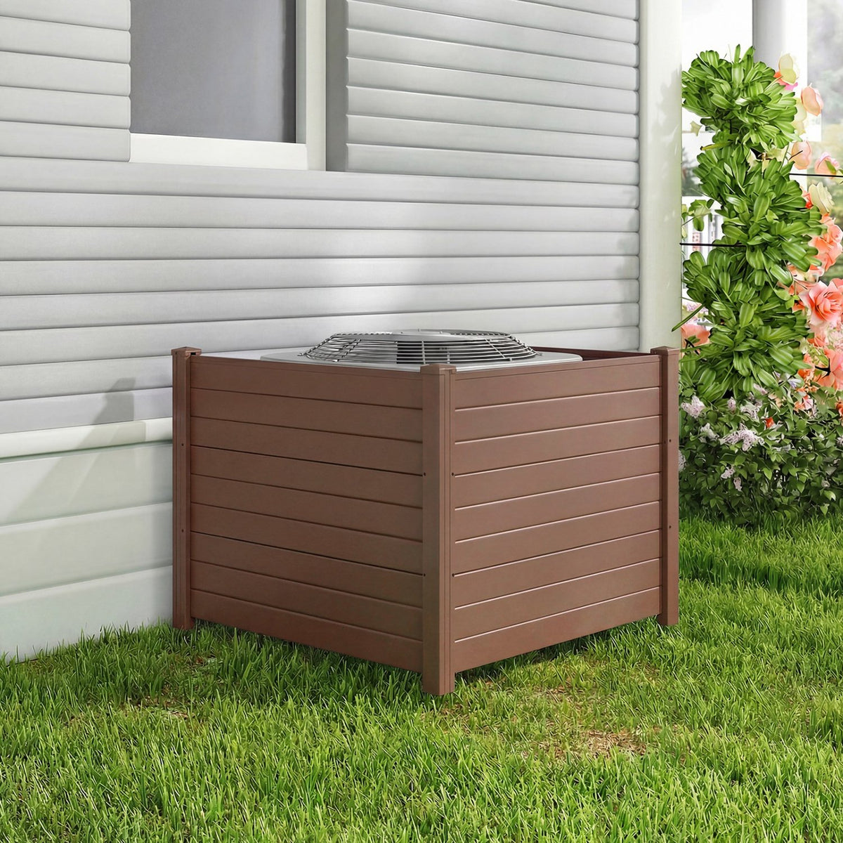 48 x 38 Inch Air Conditioner Fence 3 Panels with Metal Ground Stakes for Patio Backyard-Brown view 2