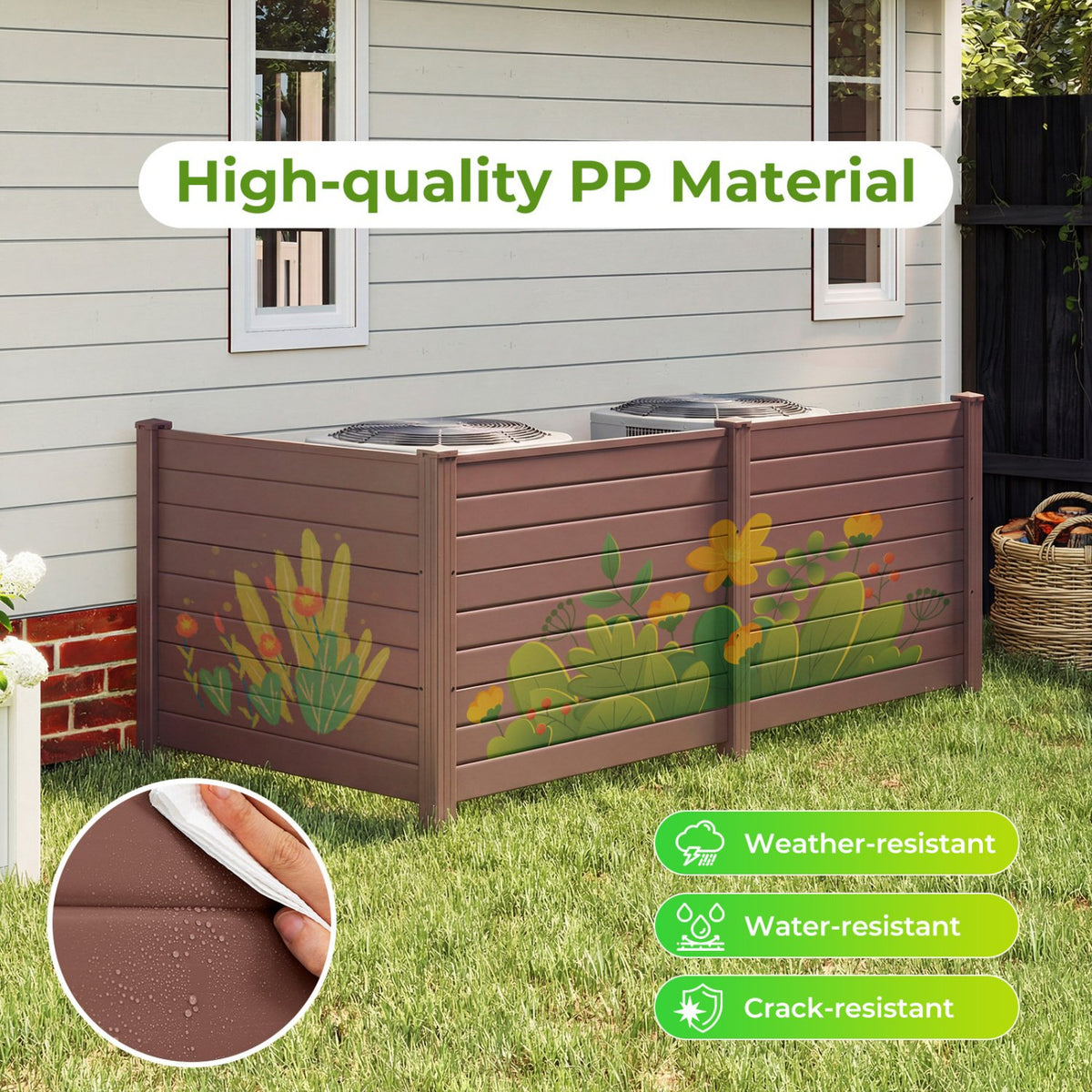 48 x 38 Inch Air Conditioner Fence 3 Panels with Metal Ground Stakes for Patio Backyard-Brown view 7