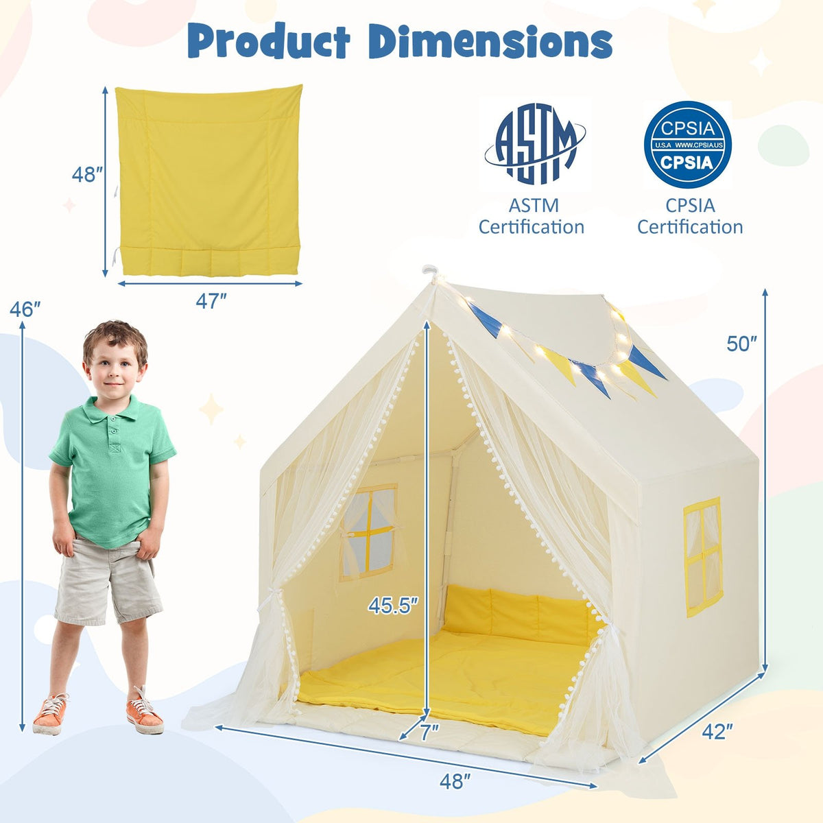 48 x 42 x 50 Inch Large Play Tent with Washable Cotton Mat Holiday Birthday Gift for Kids-Beige view 4