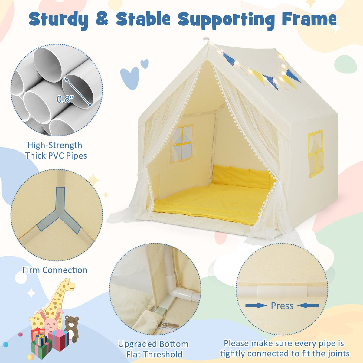 48 x 42 x 50 Inch Large Play Tent with Washable Cotton Mat Holiday Birthday Gift for Kids-Beige view 6