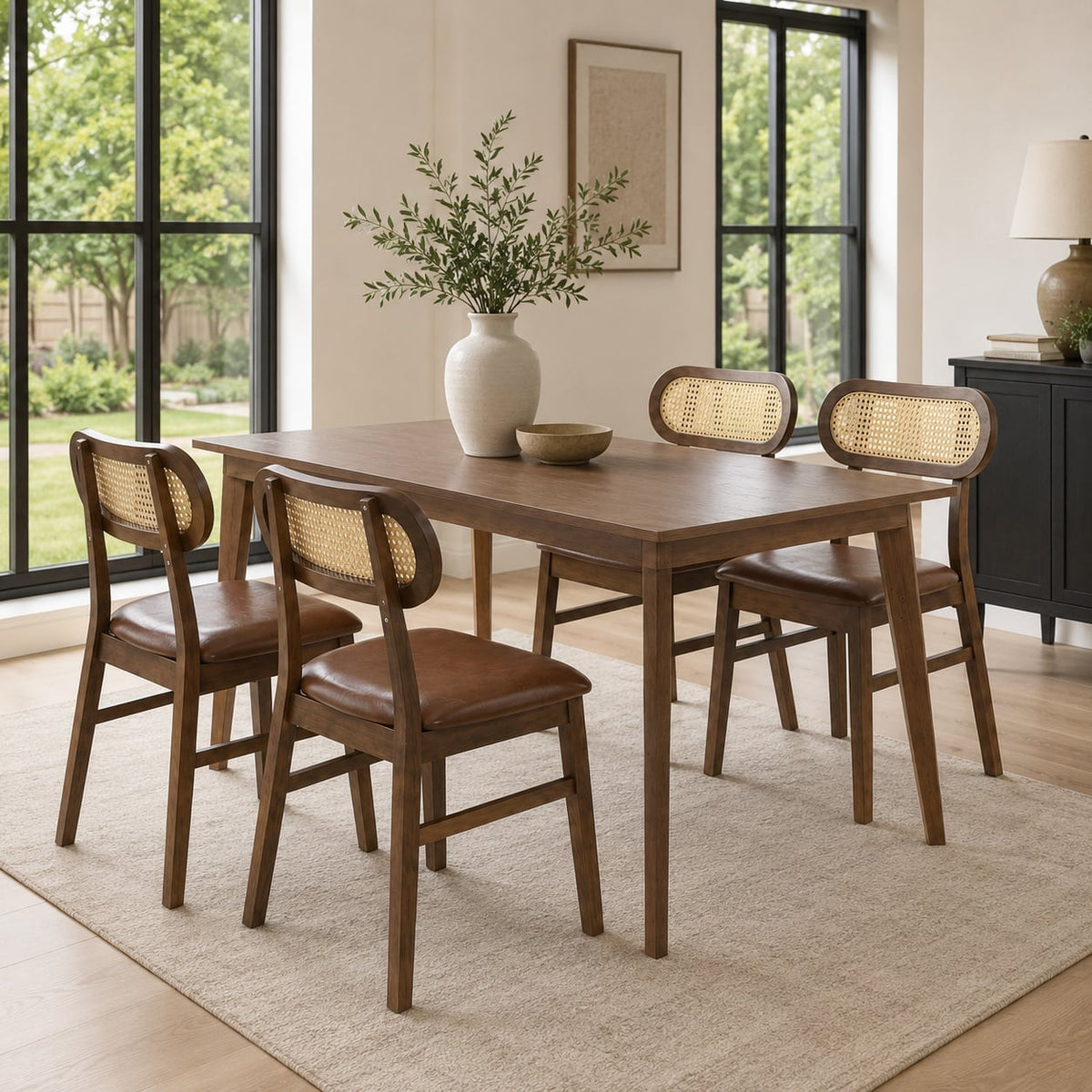 48 Inch Dining Table Set for 4 with Rattan Chairs, Mid Century Kitchen Table and Chairs Set for Dining Room view 8