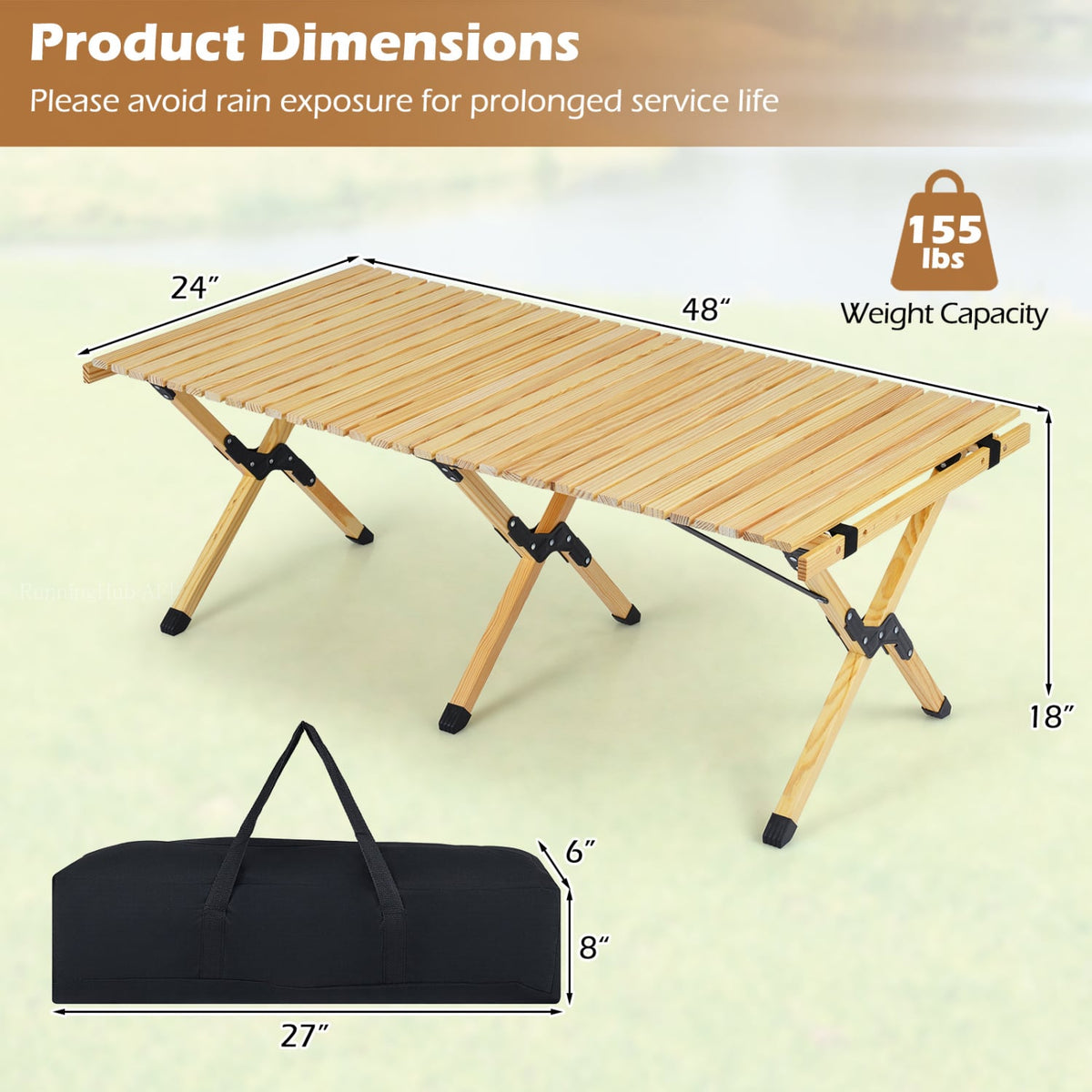 48 Inch Folding Camping Table with Carry Bag for Backyard-Natural view 5