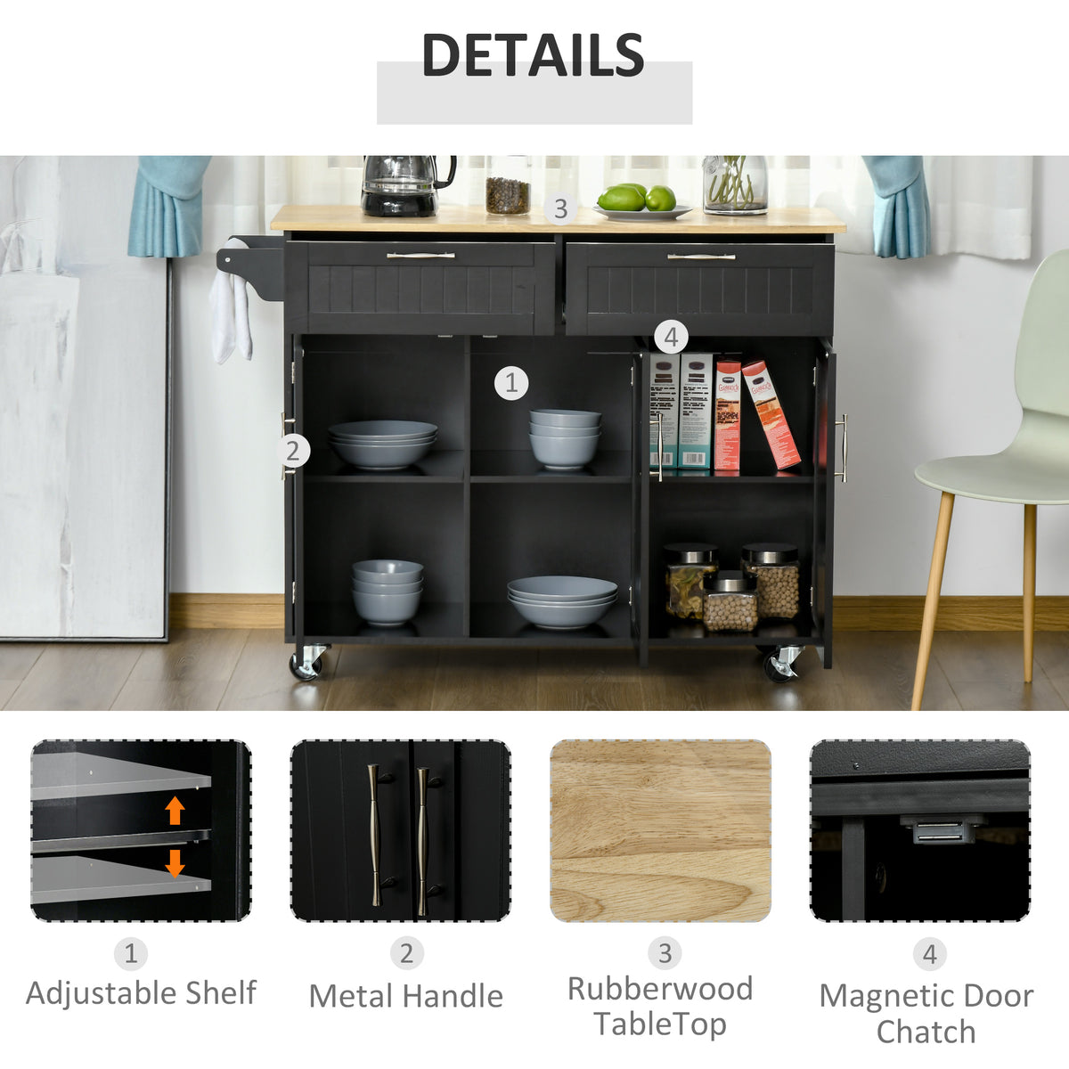 Modern Kitchen Island, Utility Kitchen Serving Cart with 2 Storage Drawers & Cabinets for Dining Room, Black – view 6