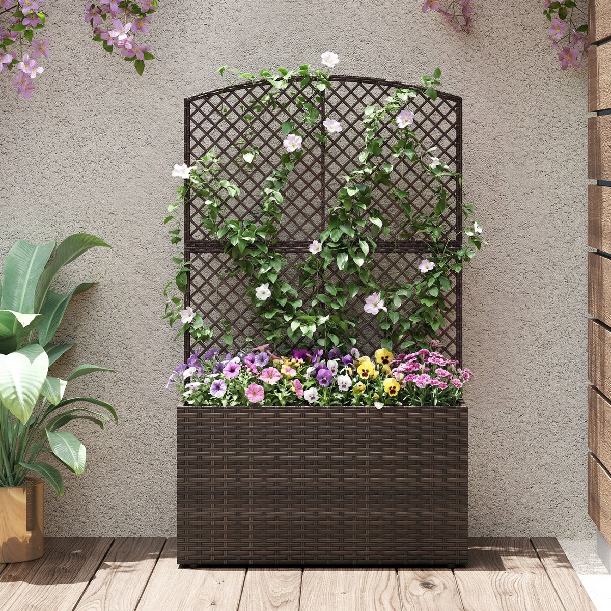49 Inch Raised Garden Bed with Trellis and Wicker Planter Box-Brown view 2