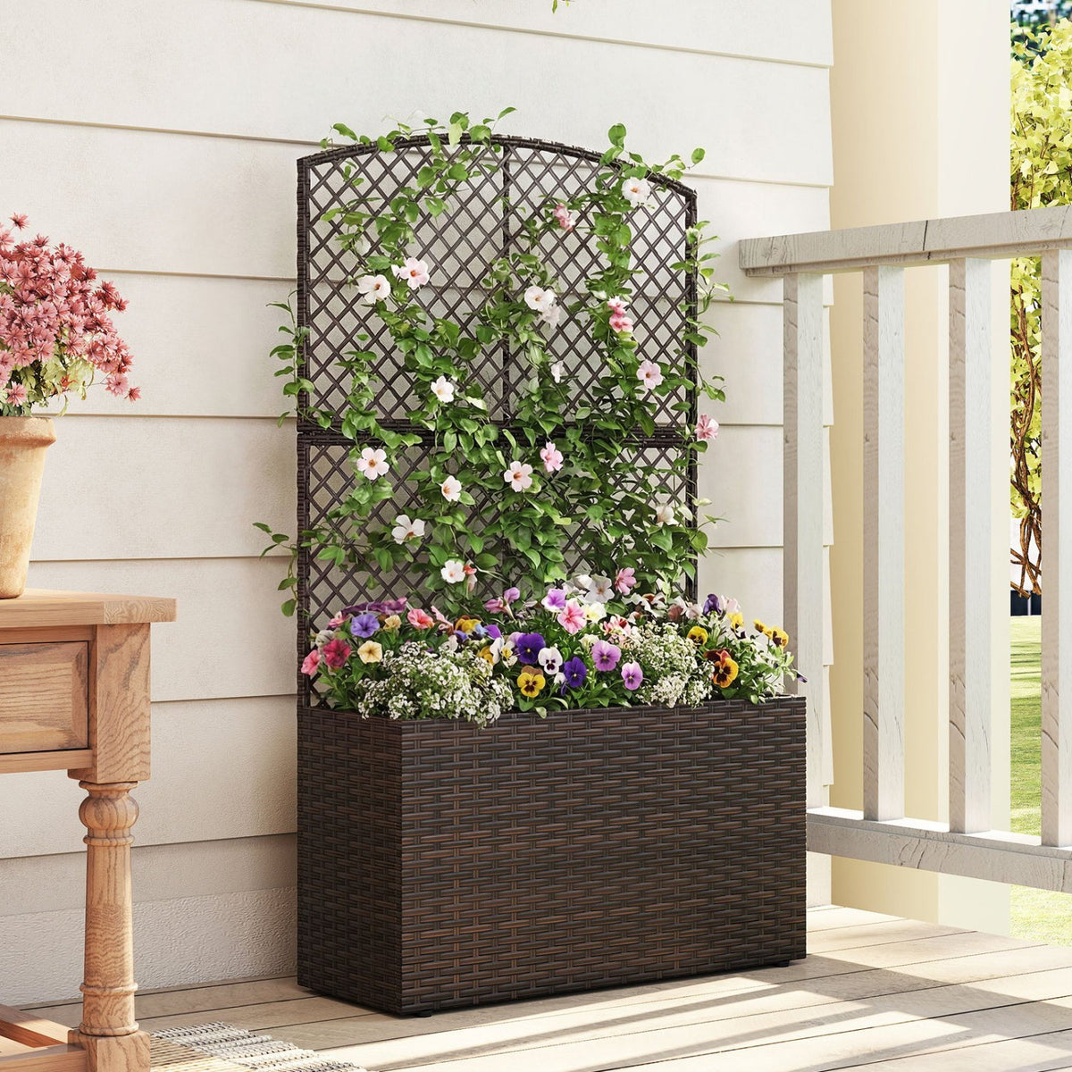 49 Inch Raised Garden Bed with Trellis and Wicker Planter Box-Brown view 3