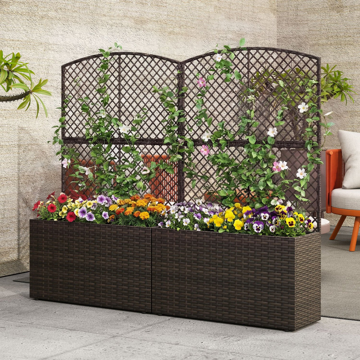 49 Inch Raised Garden Bed with Trellis and Wicker Planter Box-Brown view 5