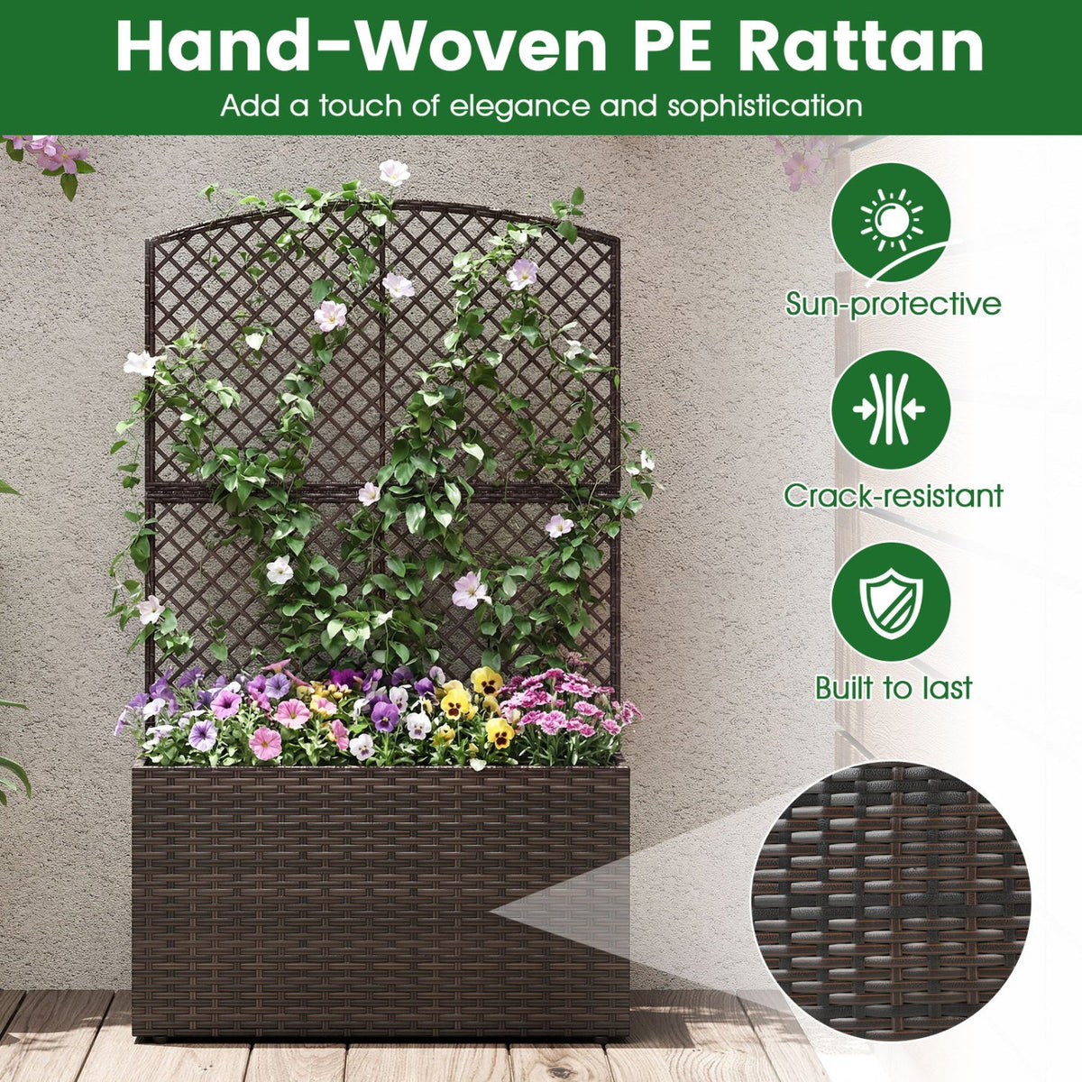 49 Inch Raised Garden Bed with Trellis and Wicker Planter Box-Brown view 6