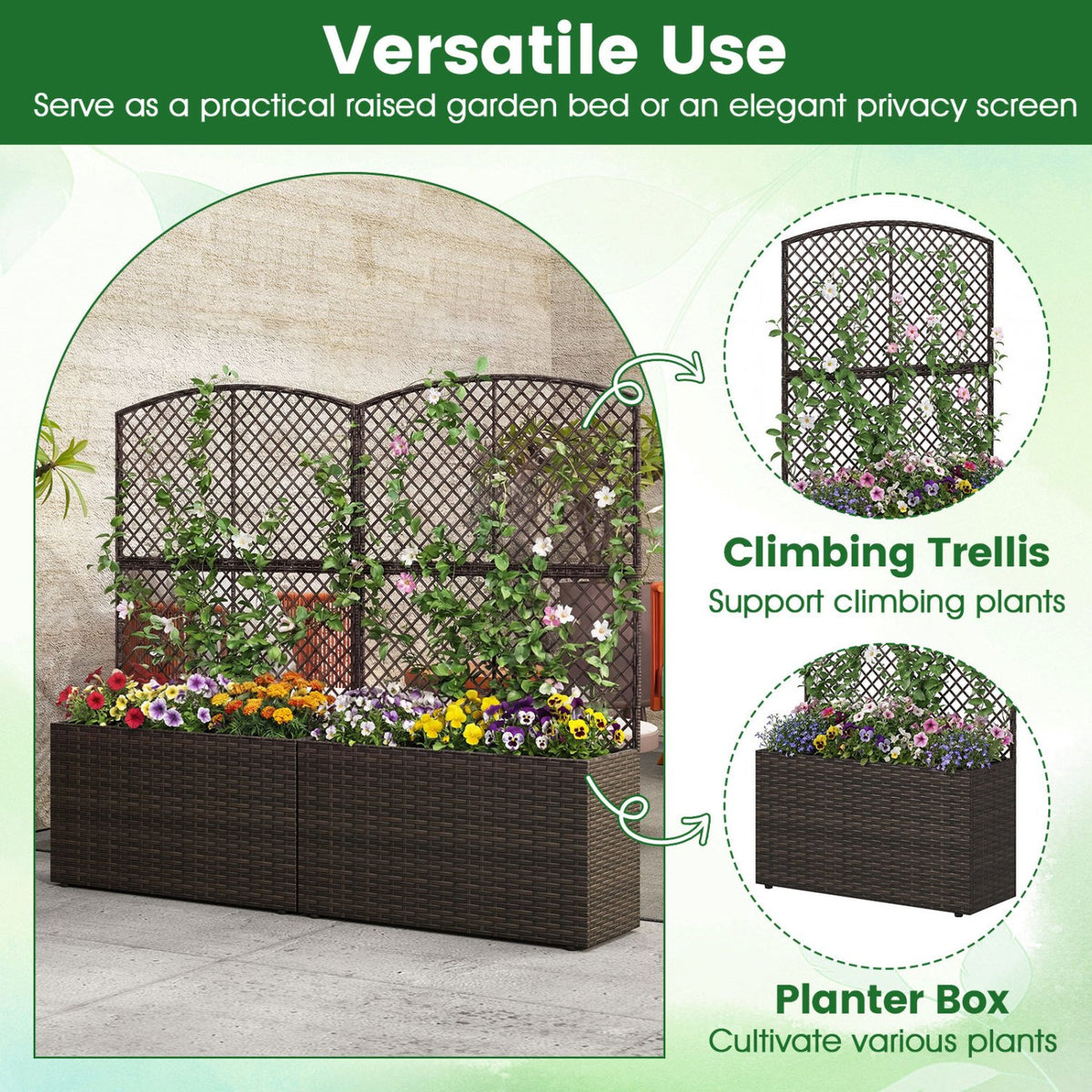 49 Inch Raised Garden Bed with Trellis and Wicker Planter Box-Brown view 8