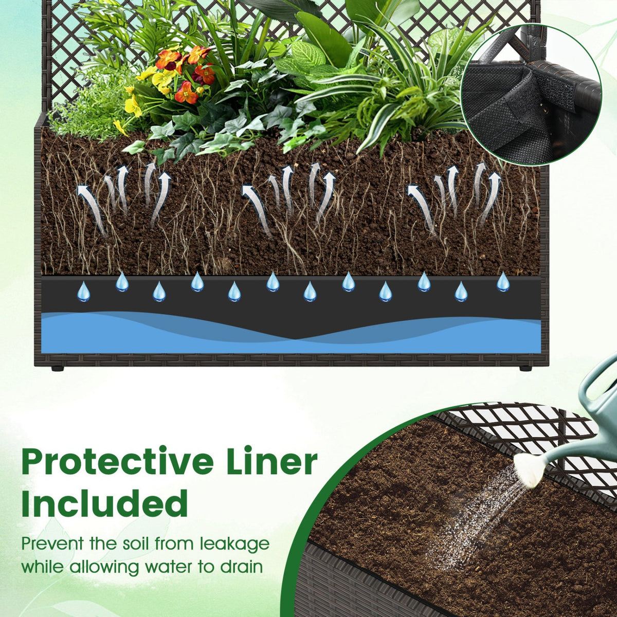 49 Inch Raised Garden Bed with Trellis and Wicker Planter Box-Brown view 9