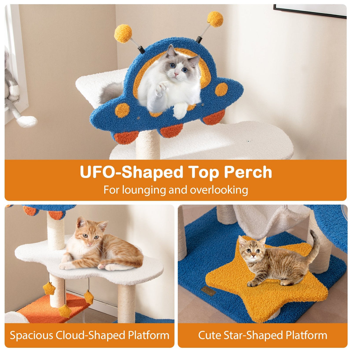 49 Inches Tall Cat Tree with UFO Top Perch Space Capsule and Sisal Scratching Posts-Blue view 6