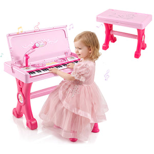 49 Keys Kids Electric Piano Keyboard Toy w/ Stool & Microphone Lights & Multiple Sounds-Pink view 4