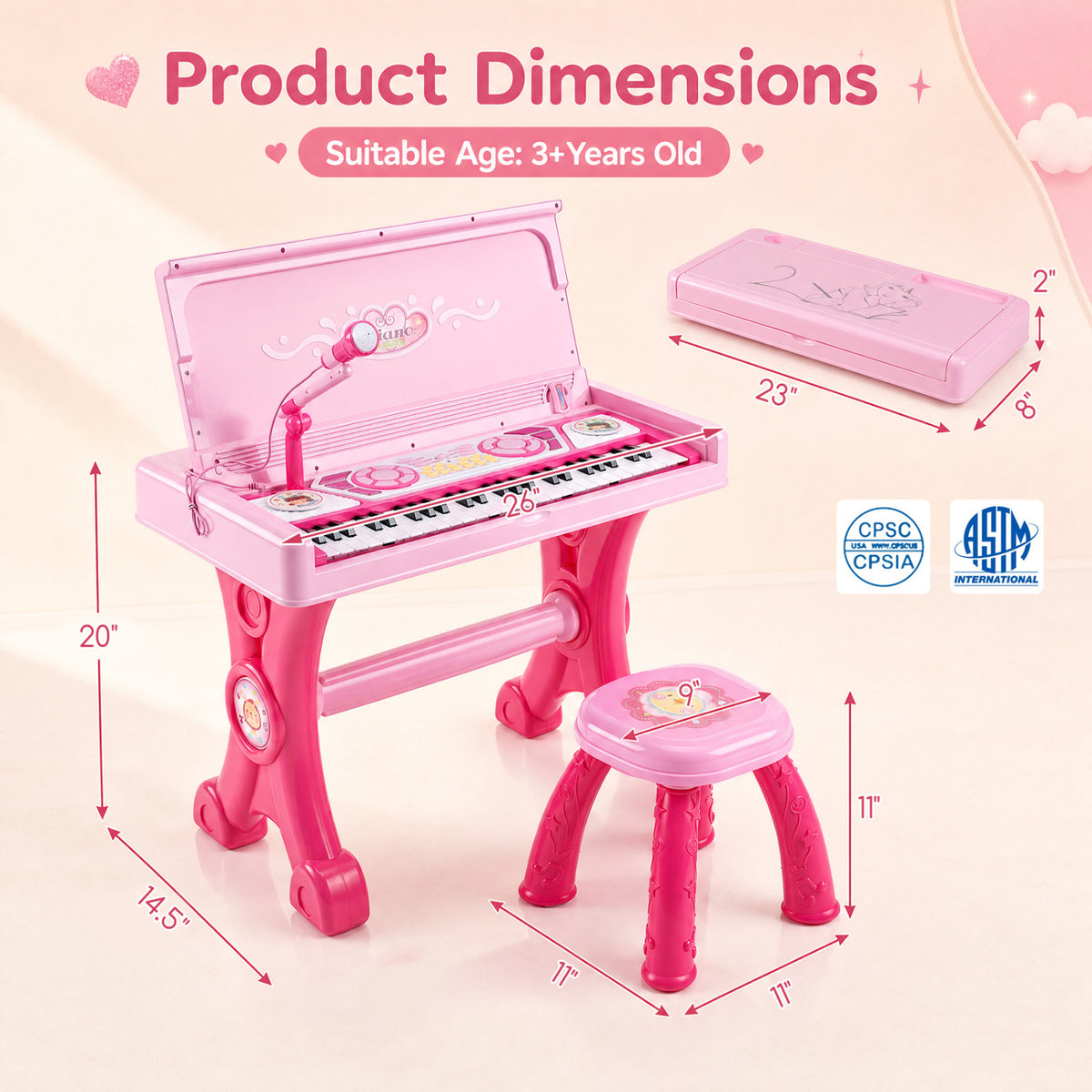 49 Keys Kids Electric Piano Keyboard Toy w/ Stool & Microphone Lights & Multiple Sounds-Pink view 5