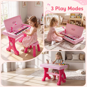49 Keys Kids Electric Piano Keyboard Toy w/ Stool & Microphone Lights & Multiple Sounds-Pink view 7
