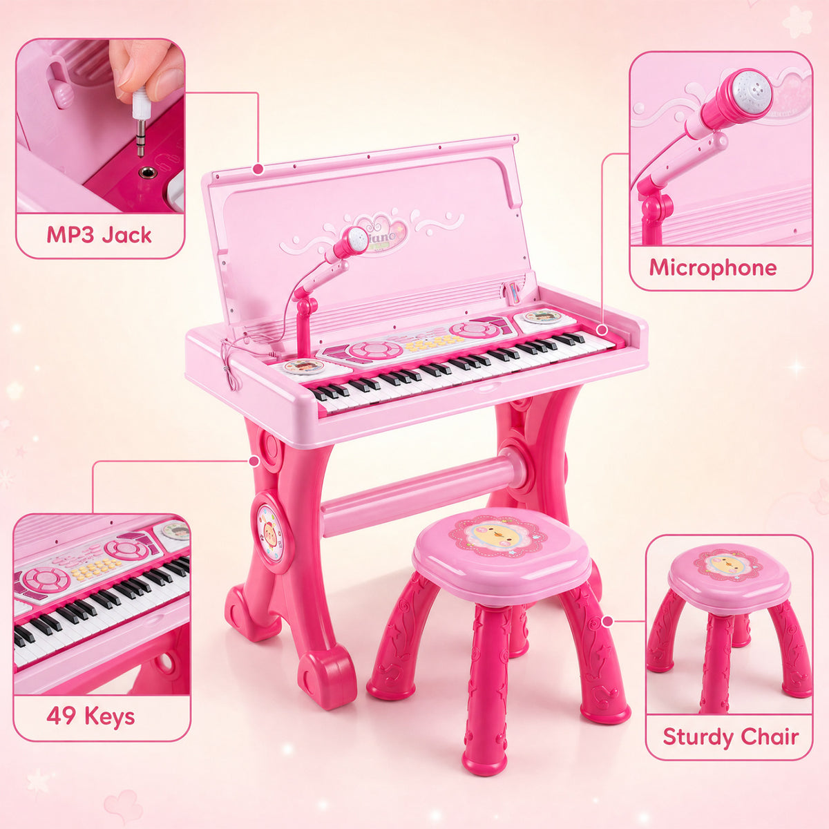 49 Keys Kids Electric Piano Keyboard Toy w/ Stool & Microphone Lights & Multiple Sounds-Pink view 8