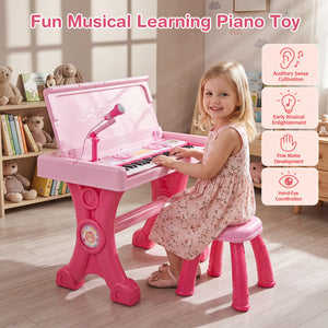 49 Keys Kids Electric Piano Keyboard Toy w/ Stool & Microphone Lights & Multiple Sounds-Pink view 9