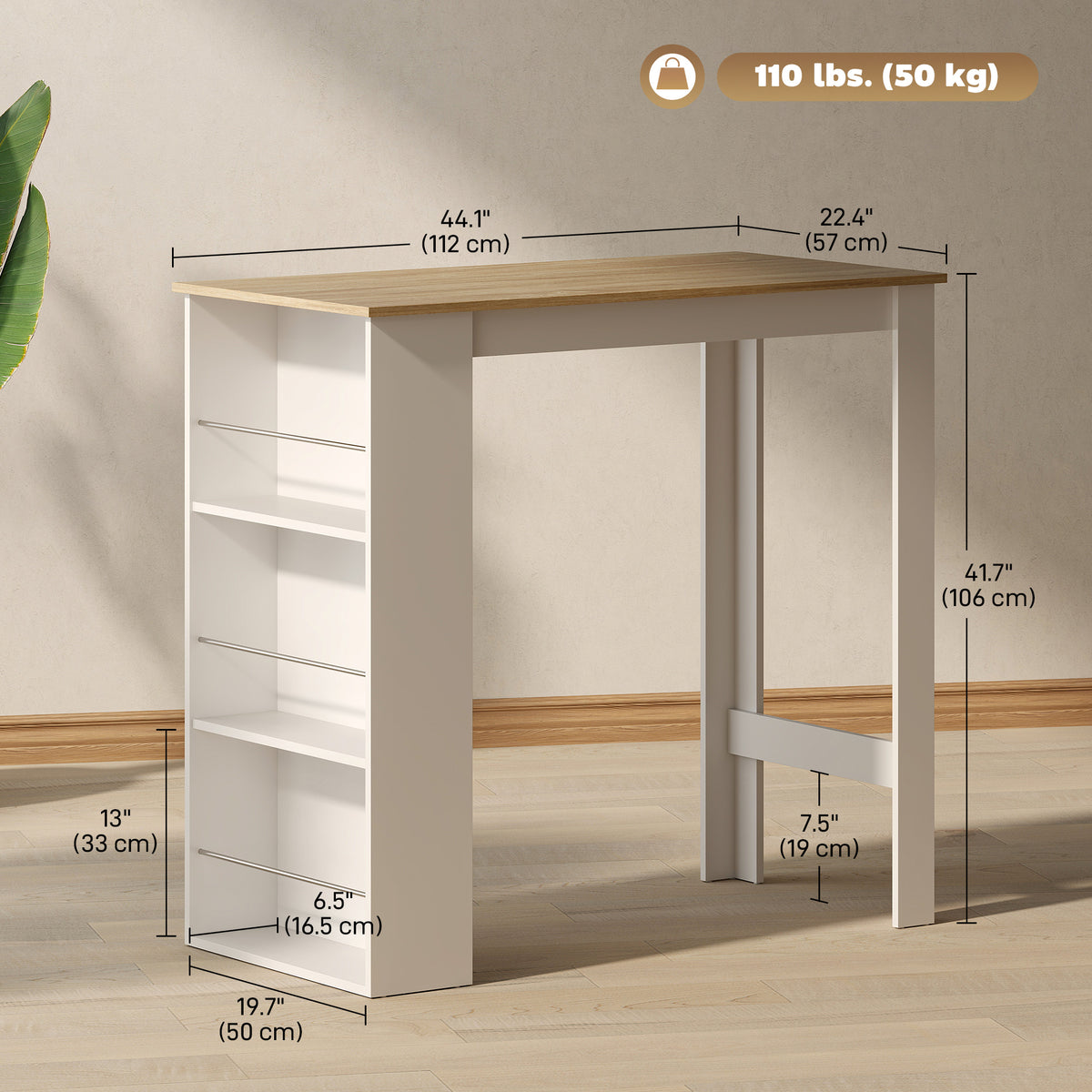 Bar Table Counter Height Dining Table with 3 Storage Shelves for Kitchen, Dining Room, Living Room, Natural