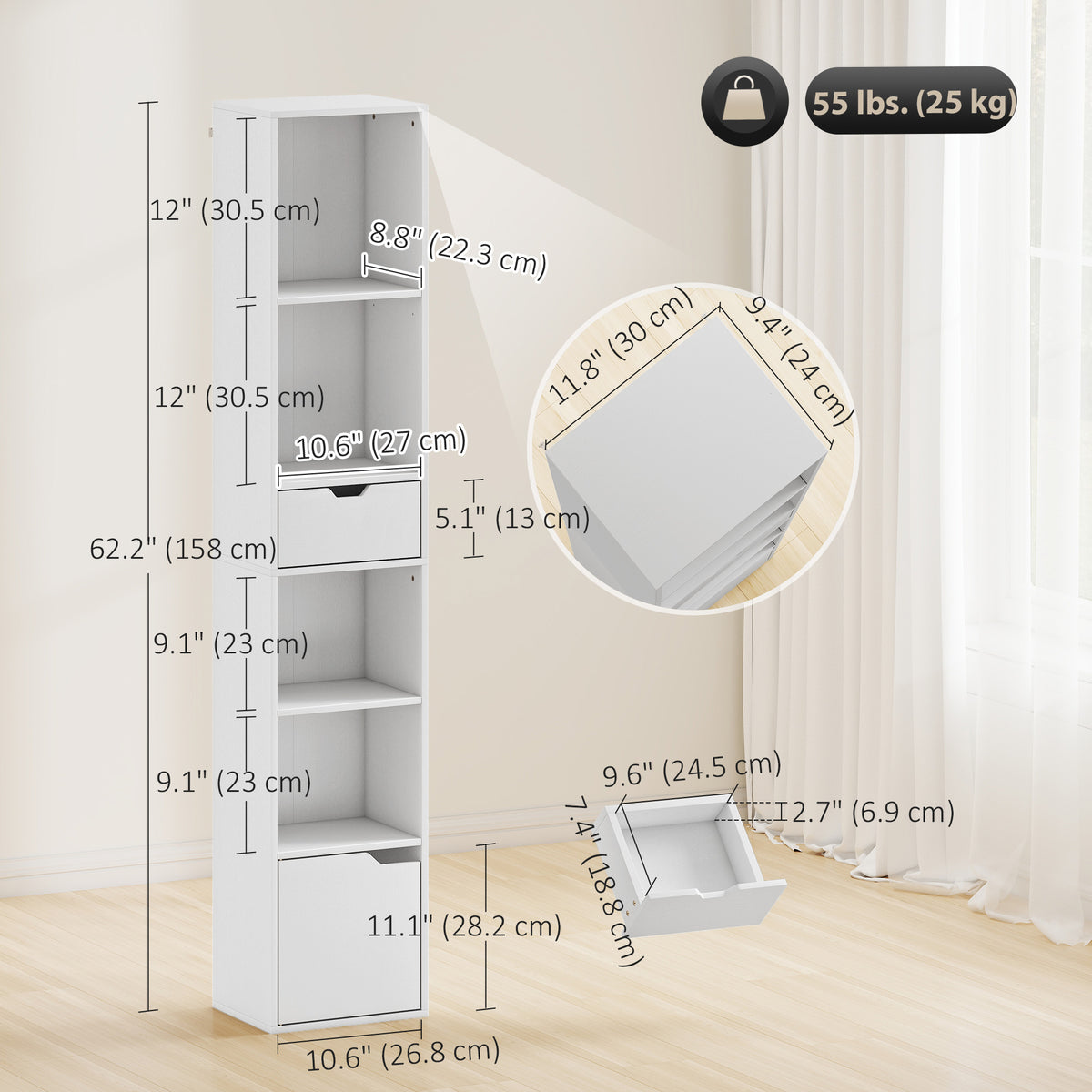 6-Tier Bookcase, Tall Narrow Bookshelf with Drawer and Door, White