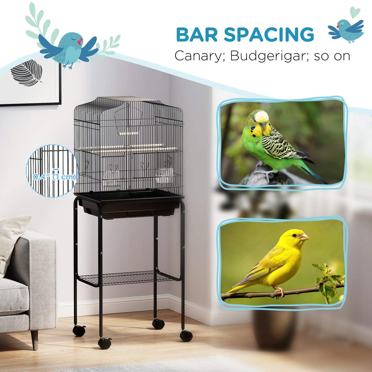 62" Rolling Bird Cage Cockatoo House Play Top Finch Pet Supply with Storage Shelf, Wheels - Black – view 19