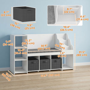 Qaba Kids Storage Shelf with Reading Nook, Toy Storage Organizer with Seat Cushion, 3 Fabric Drawers for Playroom, Nursery