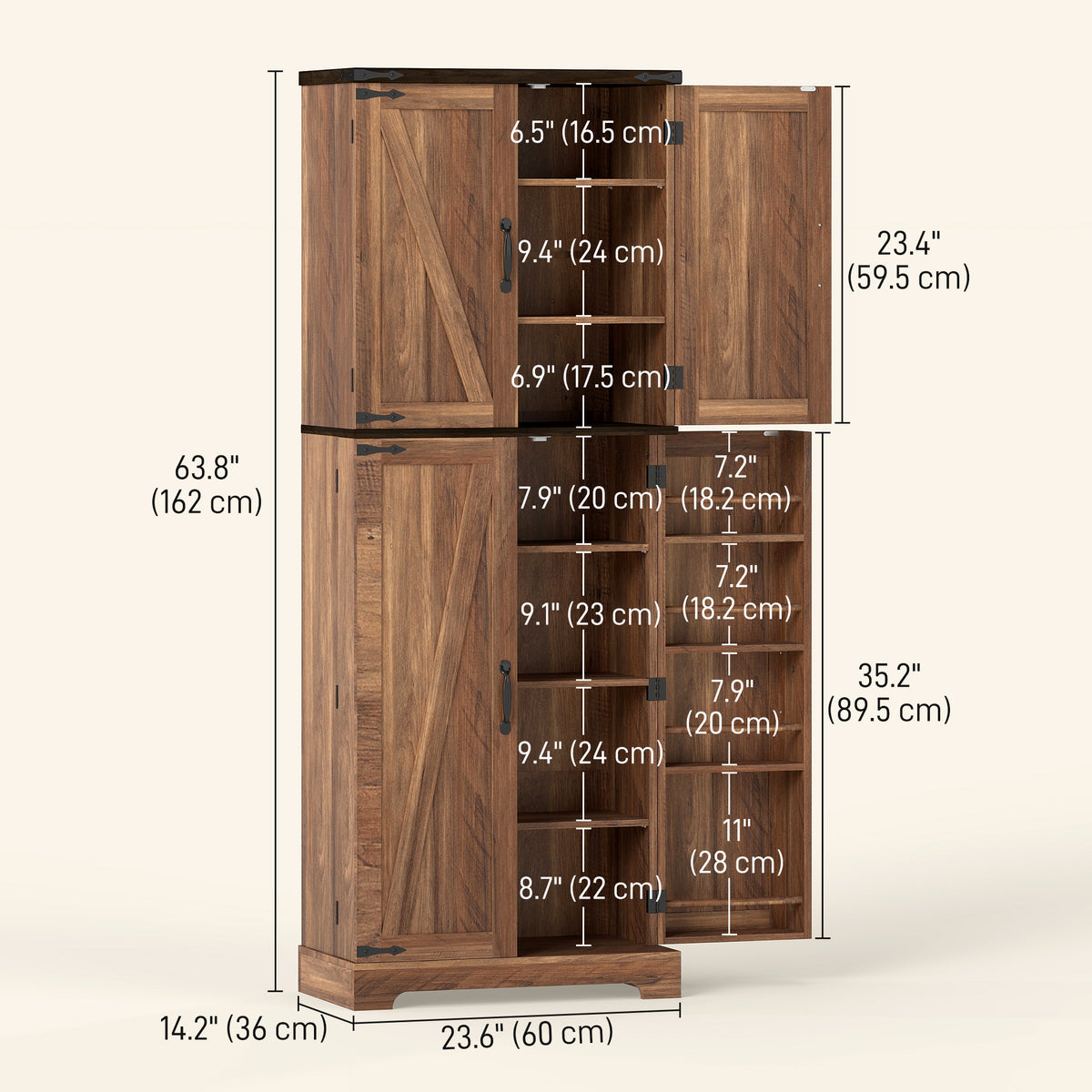64" Tall Kitchen Pantry Cabinet with Spice Racks and Adjustable Shelves, Black Wood Grain