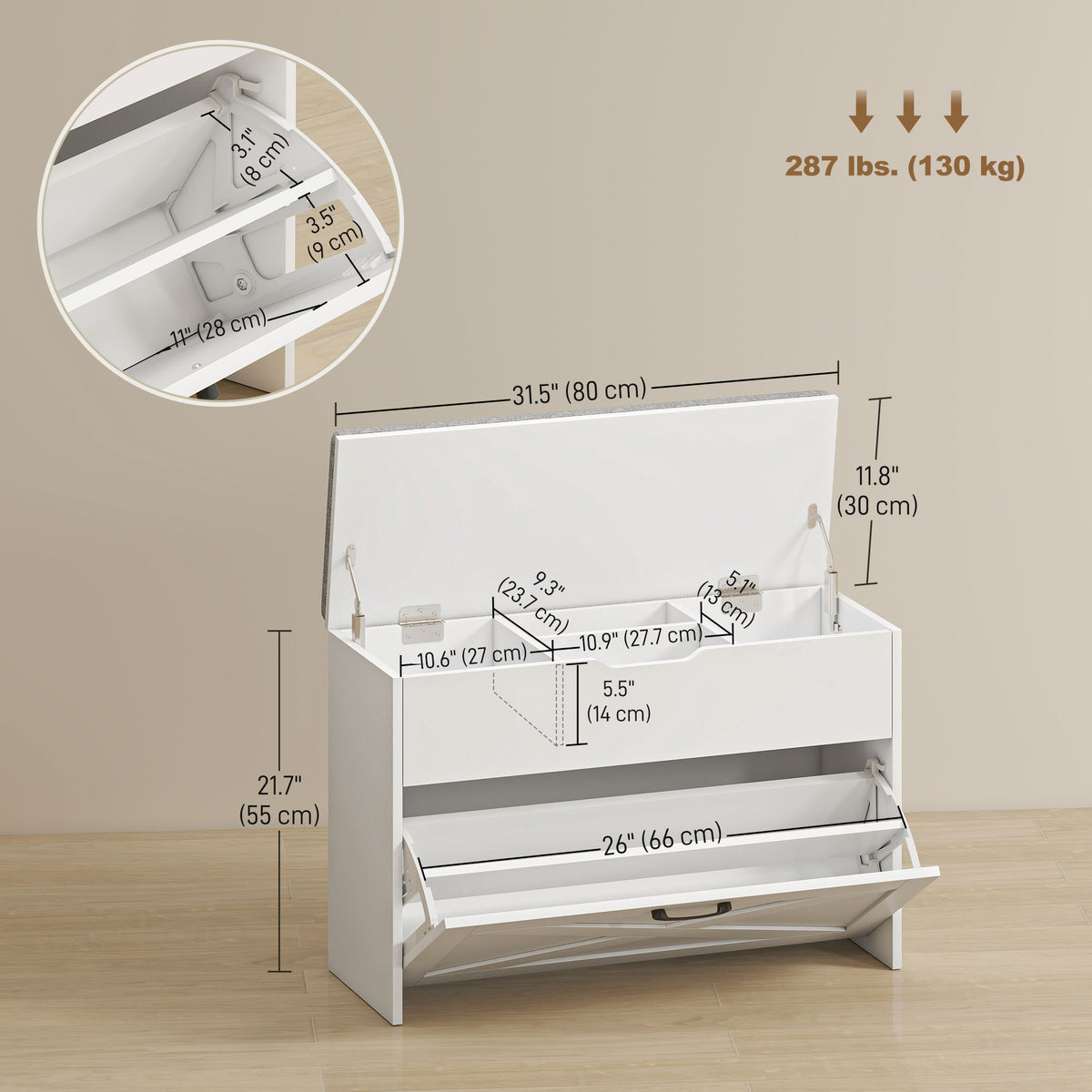 Shoe Storage Bench with Flip Drawer and Lift Top Storage, Entryway Bench with Seat Cushion for Hallway – view 16