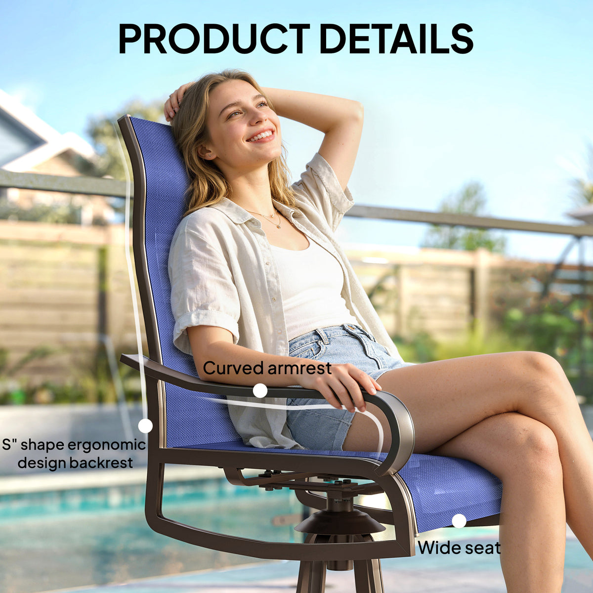 Patio Dining Chairs Set of 2, 360° Swivel Rocking Outdoor Chairs with Armrests, Breathable Mesh, Navy Blue