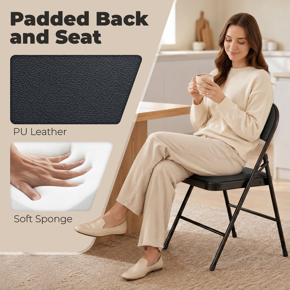 Set of 4 Metal Foldable Chairs, PU Leather Padded Folding Chairs with Cushion Seat and Open Back for Indoor, Black