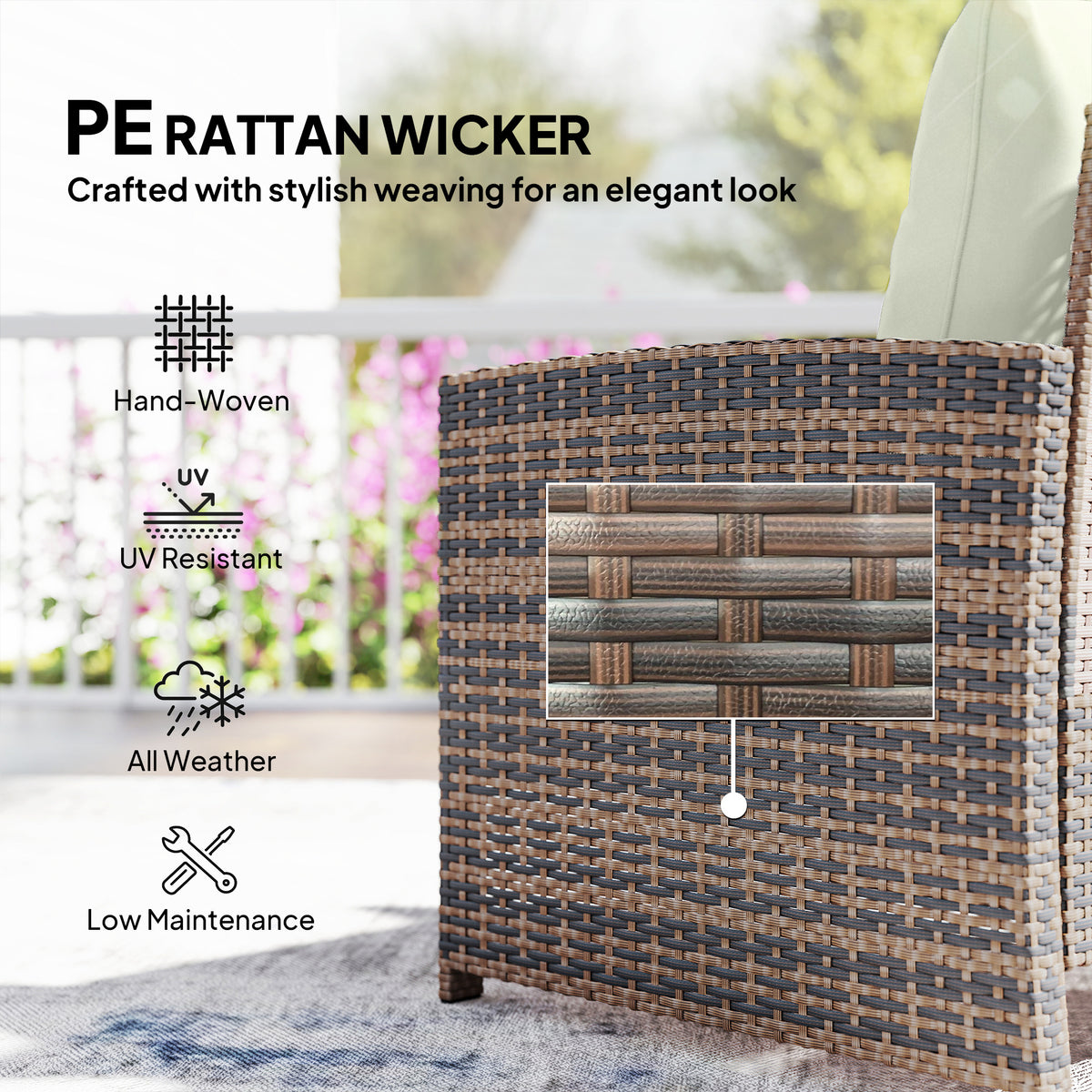 5 Piece Patio Furniture Set, Wicker Patio Chairs with Ottomans, 2-Tier Glass Coffee Table and Cushions – view 26