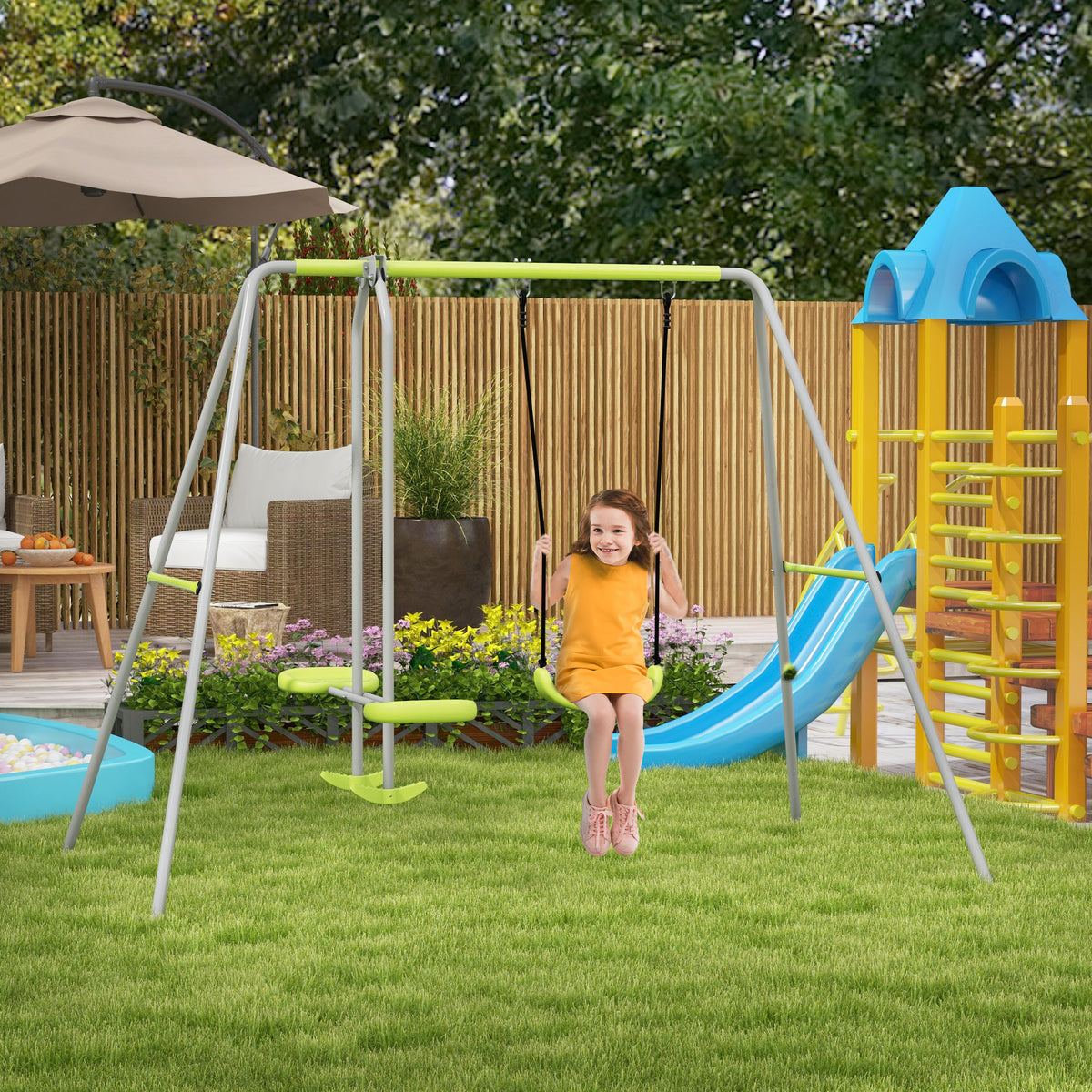 Swing Set for Kids, Heavy Duty A-Frame Metal Swing Frame with Glider, Swing Seat, Ground Stakes for Backyard, Green