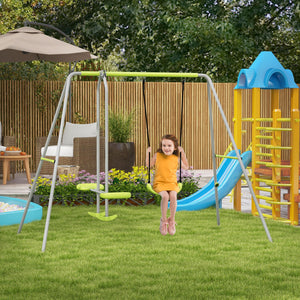 Swing Set for Kids, Heavy Duty A-Frame Metal Swing Frame with Glider, Swing Seat, Ground Stakes for Backyard, Green