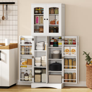 64" Tall Kitchen Pantry Cabinet, Kitchen Cabinet with Soft-Close Acrylic Doors, 10 Shelves, 8 Door Racks, White