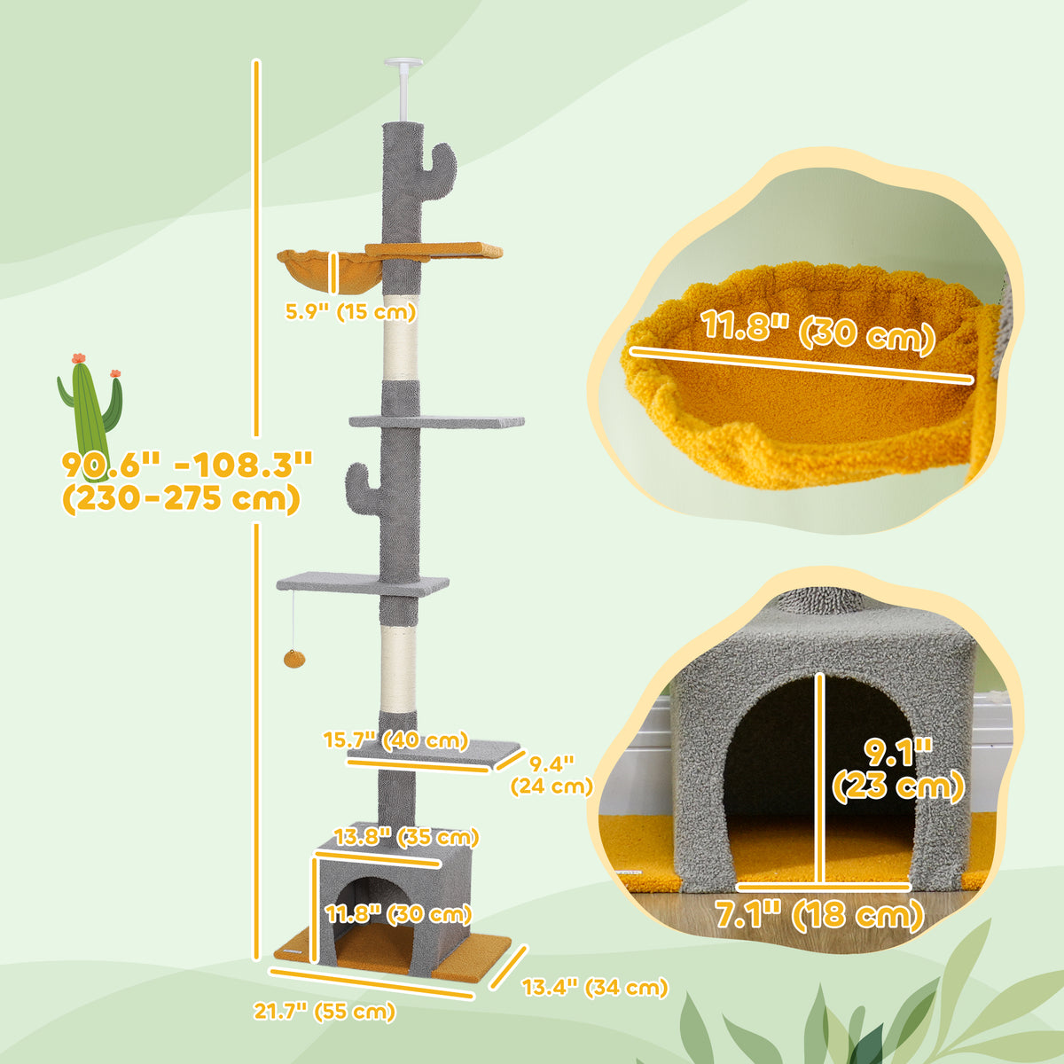 Floor to Ceiling Cat TreeTower with 90.5"-108" Adjustable Height, Scratching Posts, Hammock, Condo – view 16