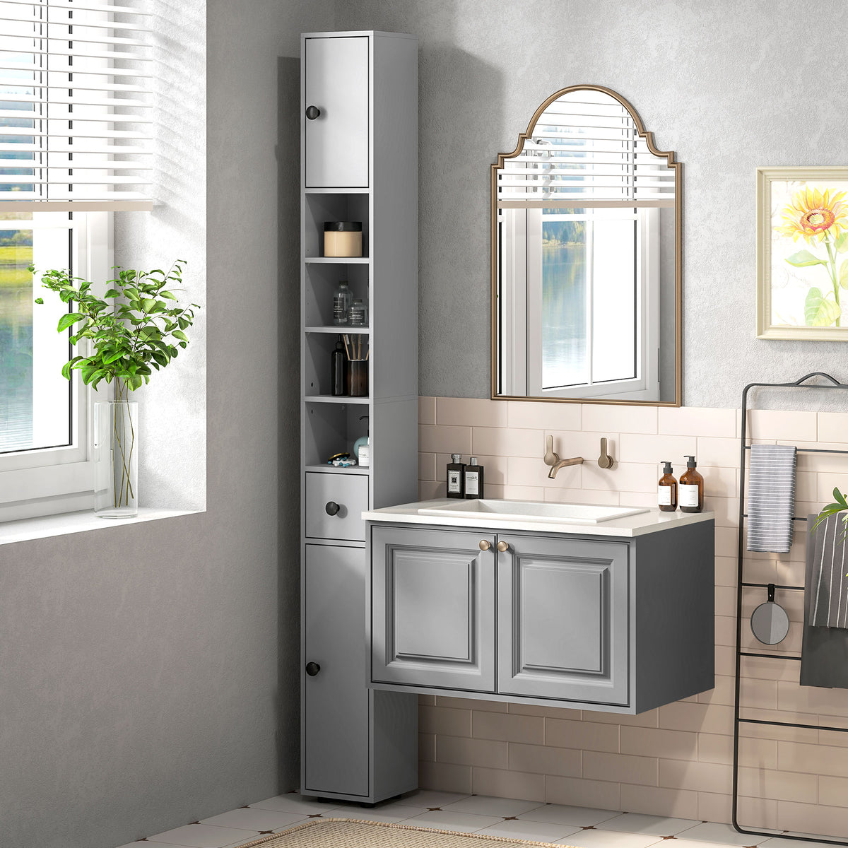 71" Tall Bathroom Cabinet, Narrow Toilet Paper Cabinet with Open Shelves, 2 Door Cabinets, Adjustable Shelves, Black